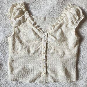 Nuomin Japanese brand white cream eyelet babydoll top with ruffles and fakepearl